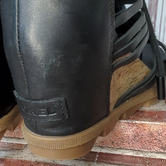 Sorel Joanie II Lace Huarache Black Platform Sandals Chunky Leather Cork Size 10